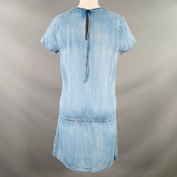 S Blue Chambray Distressed Short Sleeve One Pocket Drop Waist Dress - Picture 3 of 8
